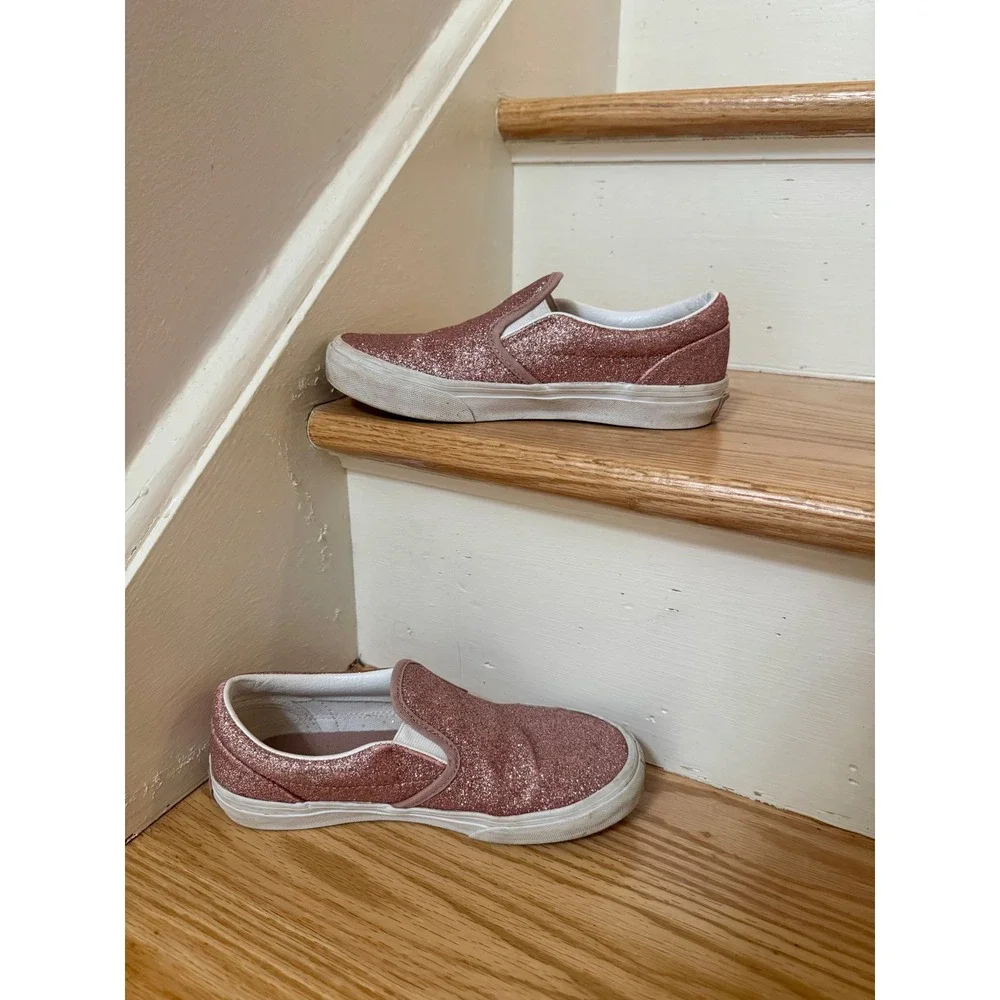 Vans Classic Slip-On Rose Gold Glitter Kids Size 2 Skate Shoes Pink Sneakers